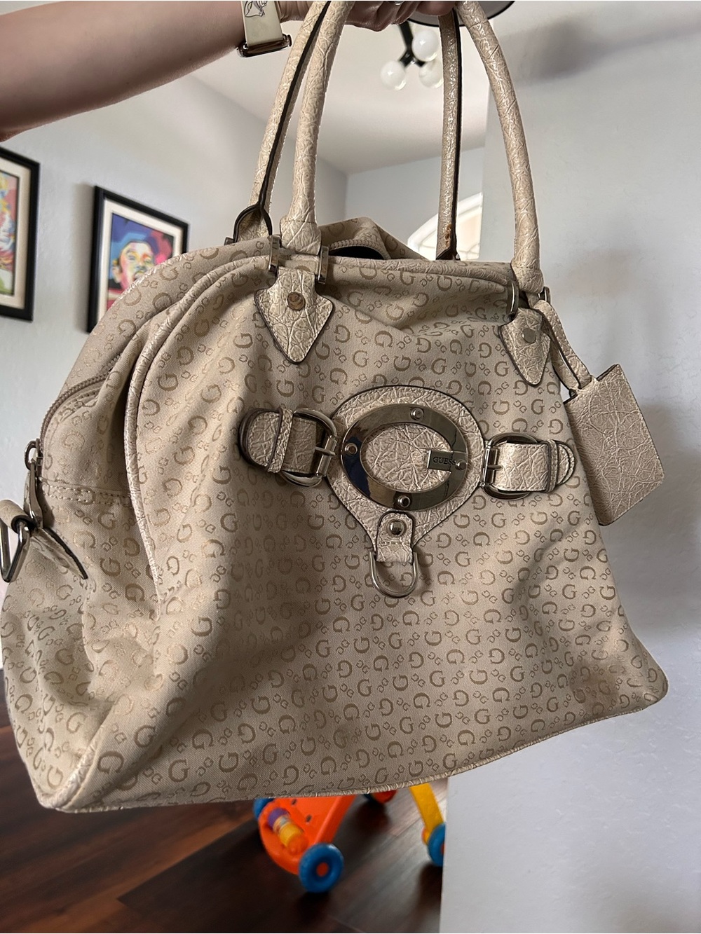 Guess Beige Monogram Tote with Buckle Accent